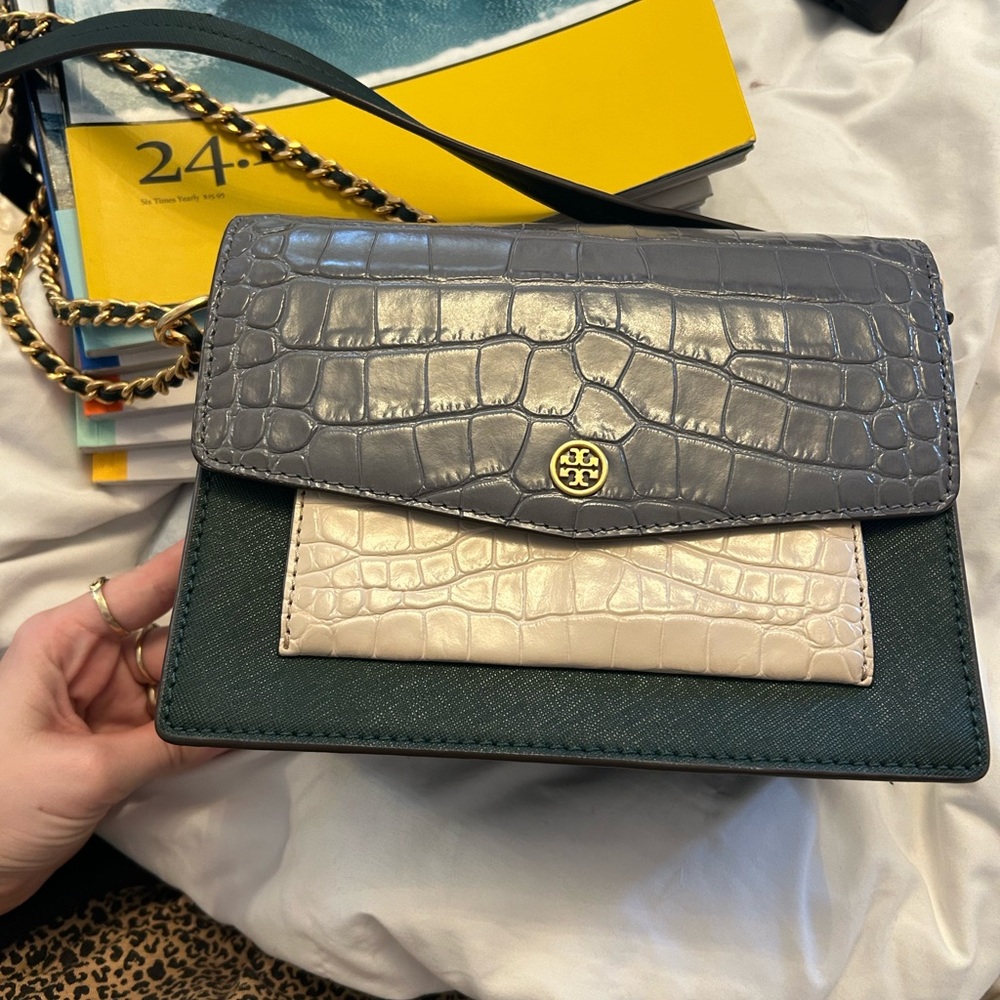 Tory Burch Gray and Cream Croc-Embossed Women's Bag